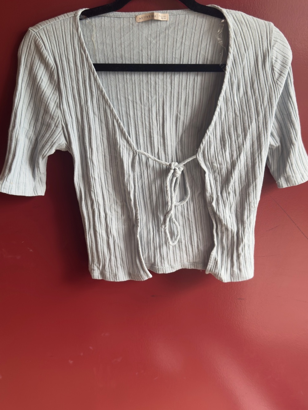 Active USA Light Gray Ribbed Tie-Front Crop Top
